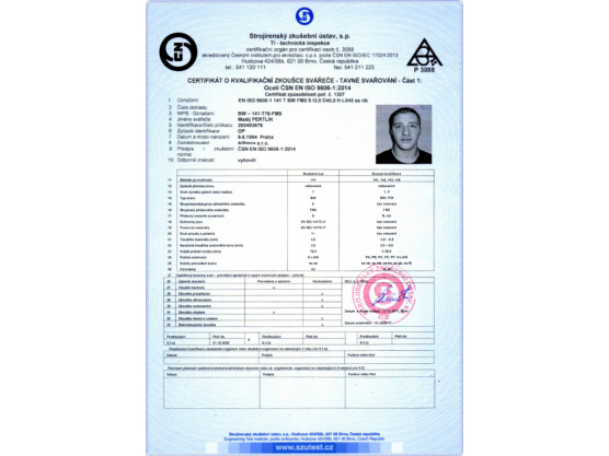 Zertifikat für Schweißqualifikationstest, ČSN EN ISO 9606-1:2014, BW – 141-T76-FM5, Matěj Pertlík