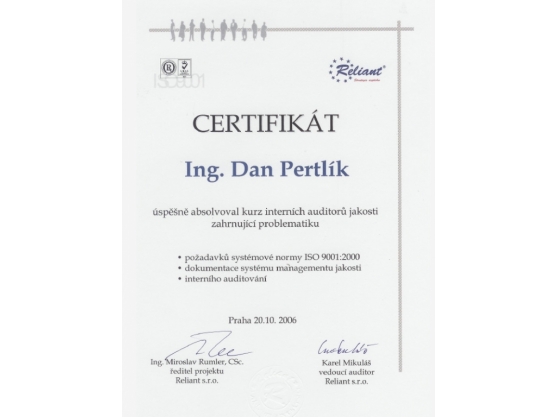 Abschlusszertifikat der Rahmen interner Qualitätsauditor, Dan Pertlík