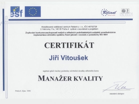 die Bescheinigung des Manageren der Qualität, Jiří Vitoušek