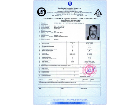 Zertifikat für Schweißqualifikationstest, ČSN EN ISO 9606-1:2014, BW – 141-T40-FM5, Michal Korynta
