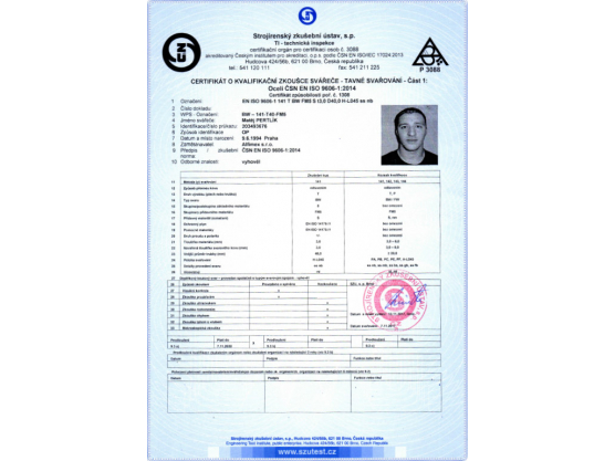 Zertifikat für Schweißqualifikationstest, ČSN EN ISO 9606-1:2014, BW – 141-T40-FM5, Matěj Pertlík