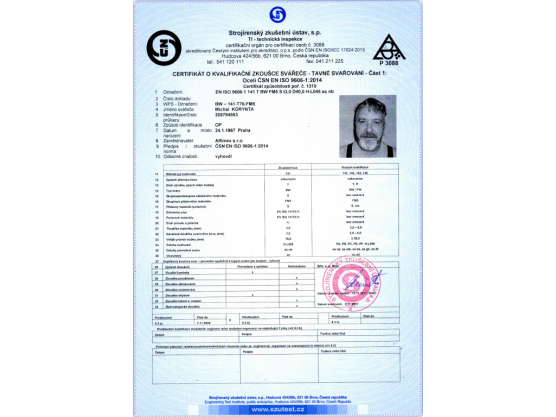 Zertifikat für Schweißqualifikationstest, ČSN EN ISO 9606-1:2014, BW – 141-T76-FM5, Michal Korynta