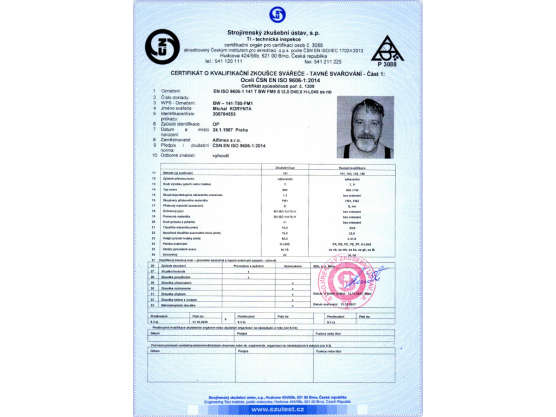 Zertifikat für Schweißqualifikationstest, ČSN EN ISO 9606-1:2014, BW – 141-T80-FM1, Michal Korynta