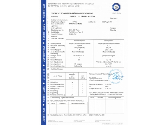 Zertifikat TÜV SÜD Tschechien 01, Milan Korynta