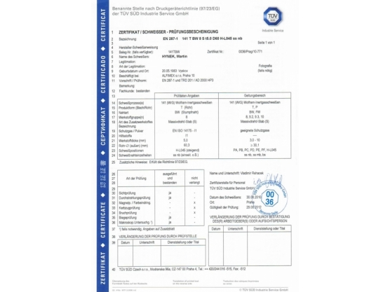 Zertifikat TÜV SÜD Tschechien, Martin Hynek