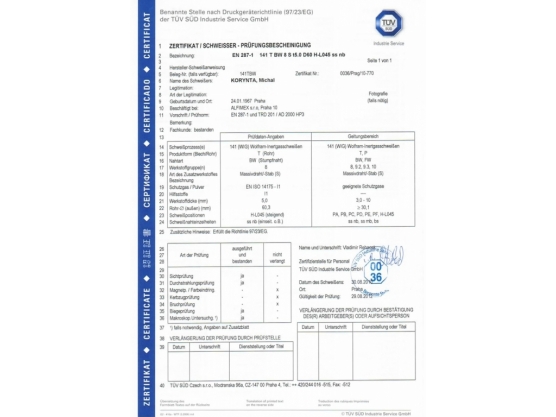 Zertifikat TÜV SÜD Tschechien 02, Milan Korynta