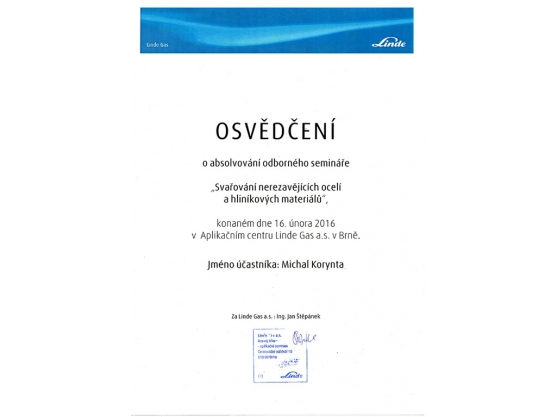Zertifikat "Schweißen nichtrostenden Stählen und Aluminiumwerkstoffen", Martin Hynek