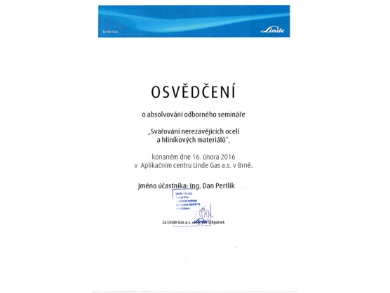 Zertifikat "Schweißen nichtrostenden Stählen und Aluminiumwerkstoffen", Dan Pertlík